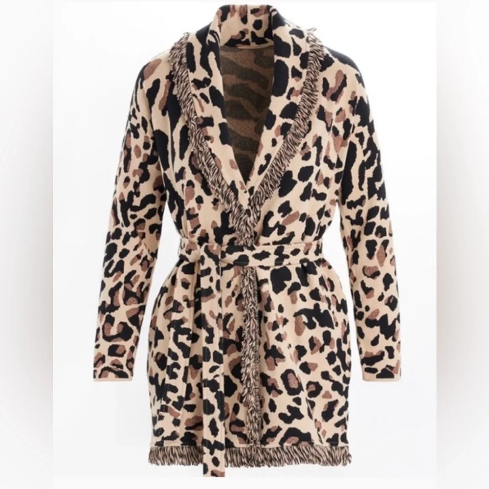 Chico’s Leopard Print Cardigan with Fringe size 2/ large - Picture 2 of 5